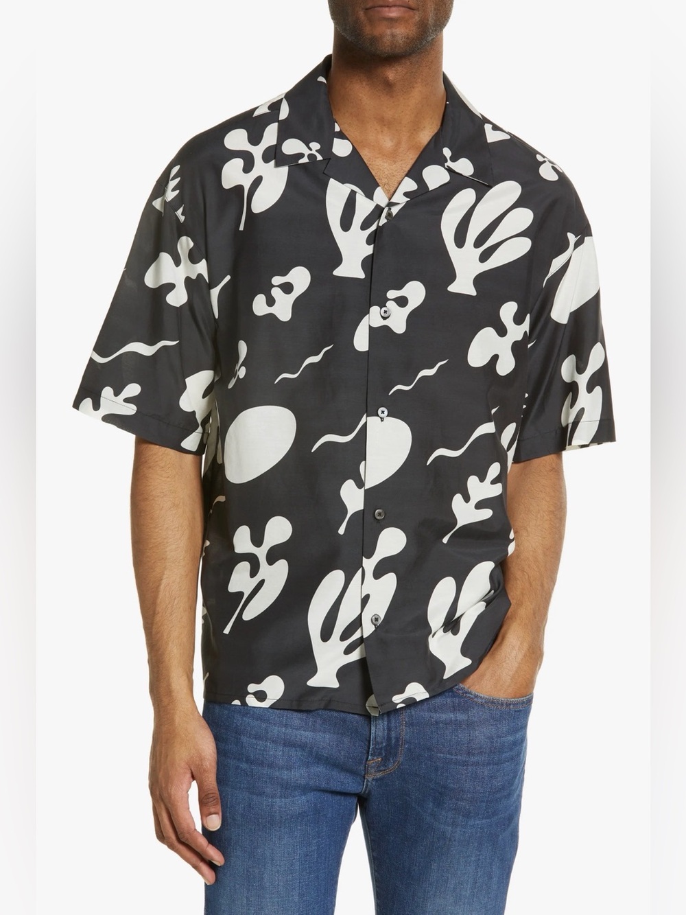 Frame Men's Camp Shirt Black White Cotton Silk M! Like New